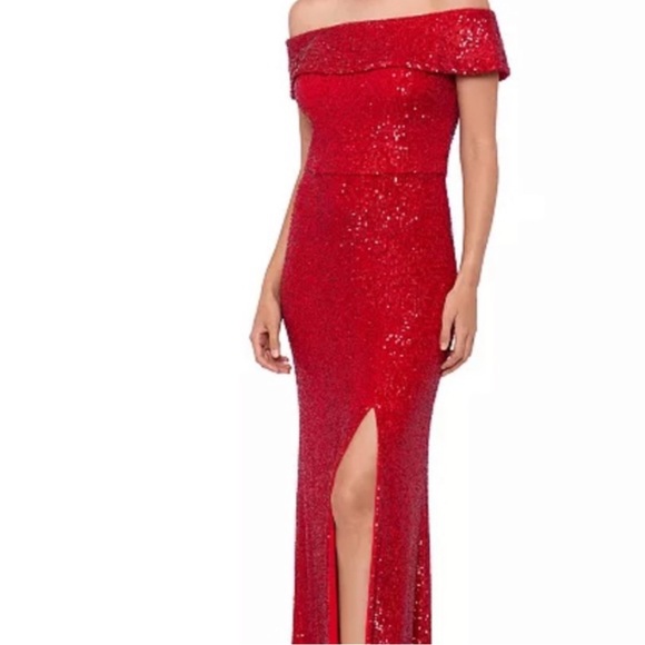 XSCAPE Women's Off-The-Shoulder Red Dress - Picture 3 of 9